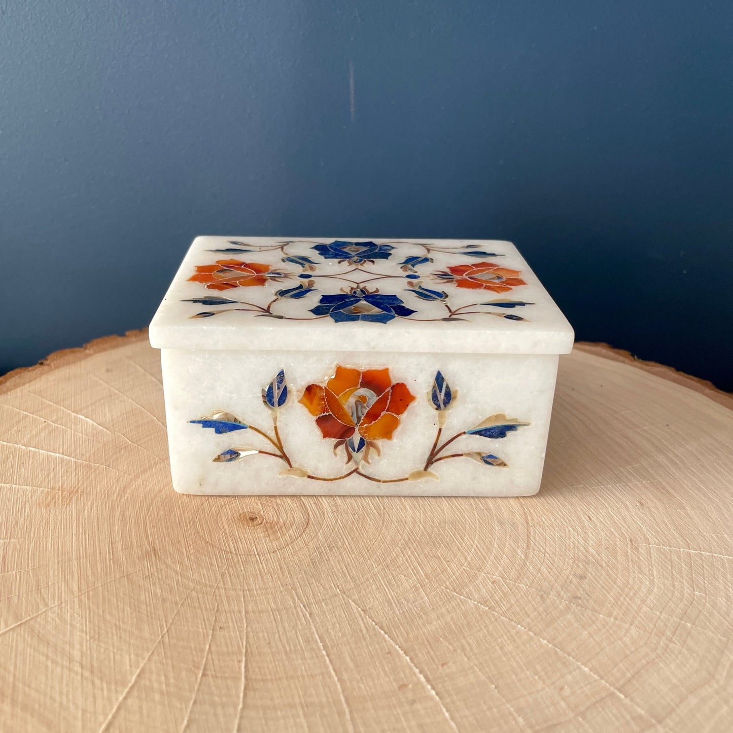 Vintage Marble Floral Inlay Jewelry Trinket  Box