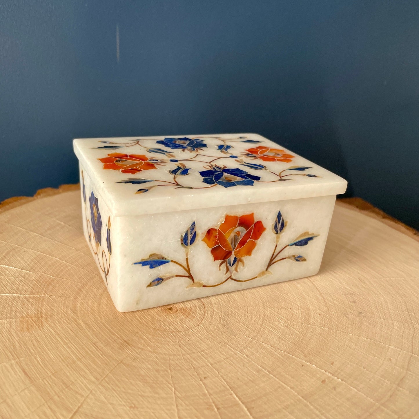 Vintage Marble Floral Inlay Jewelry Trinket  Box