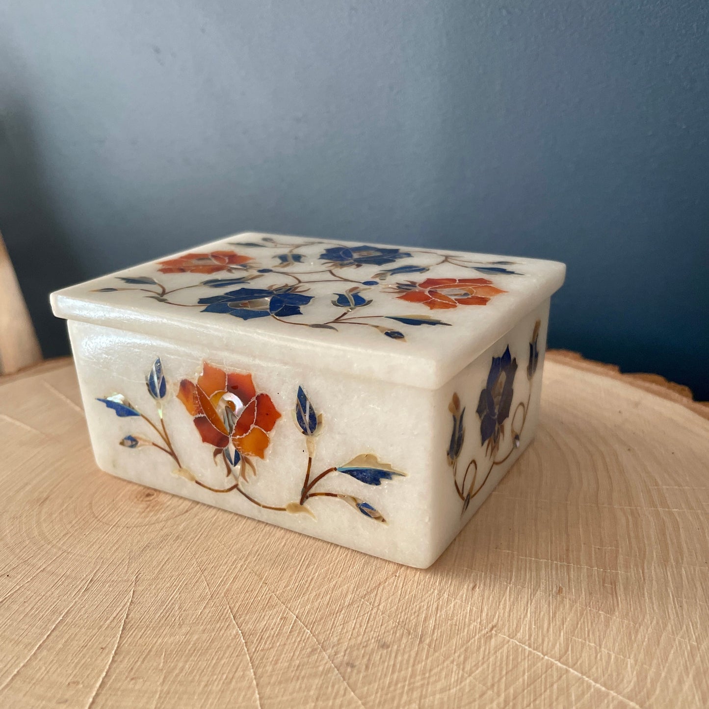 Vintage Marble Floral Inlay Jewelry Trinket  Box