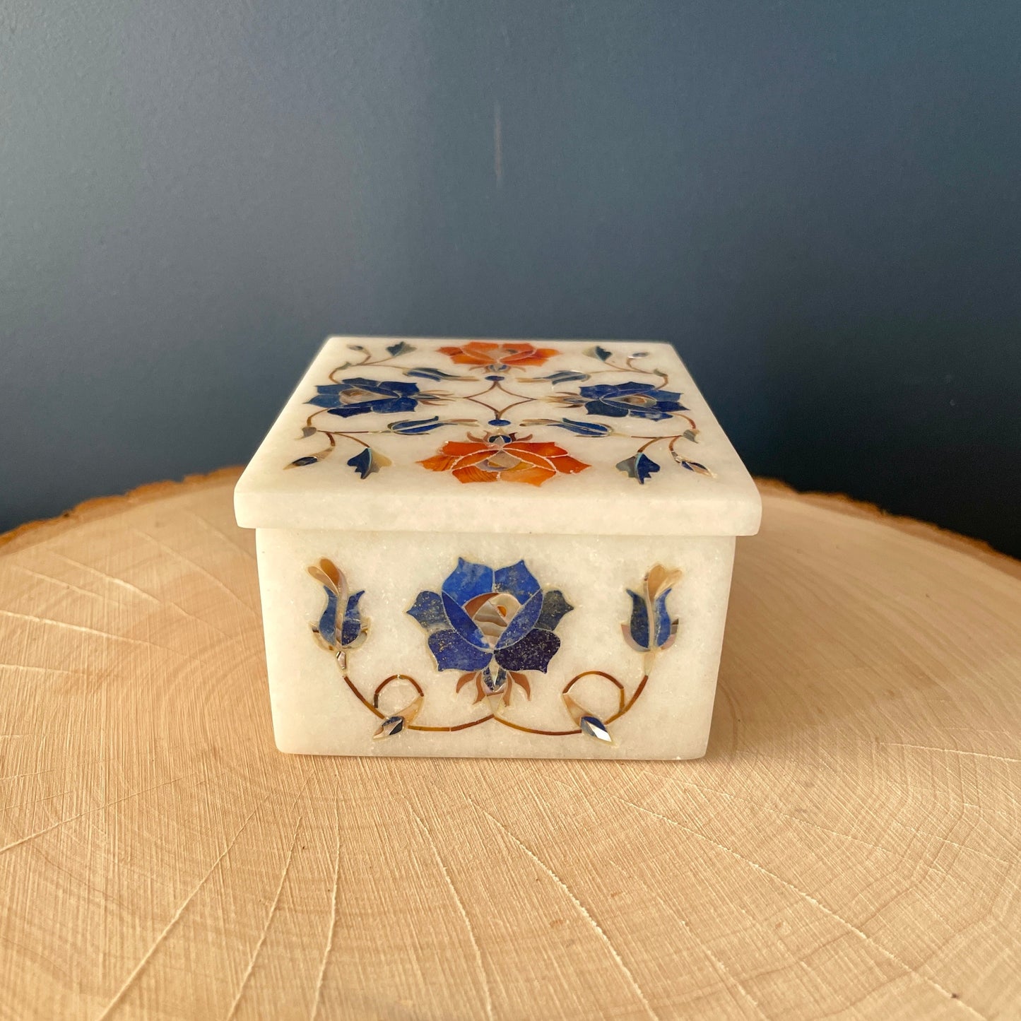 Vintage Marble Floral Inlay Jewelry Trinket  Box