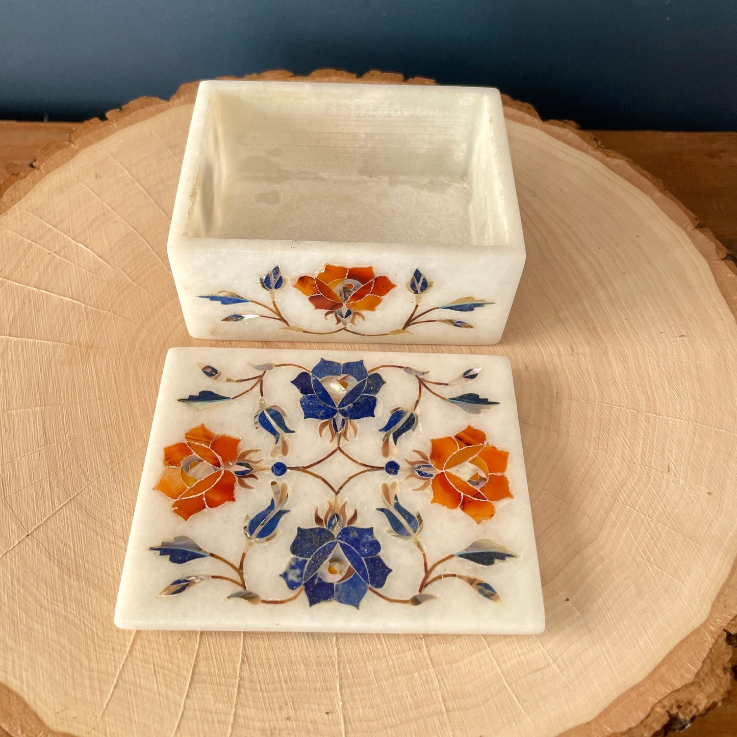 Vintage Marble Floral Inlay Jewelry Trinket  Box