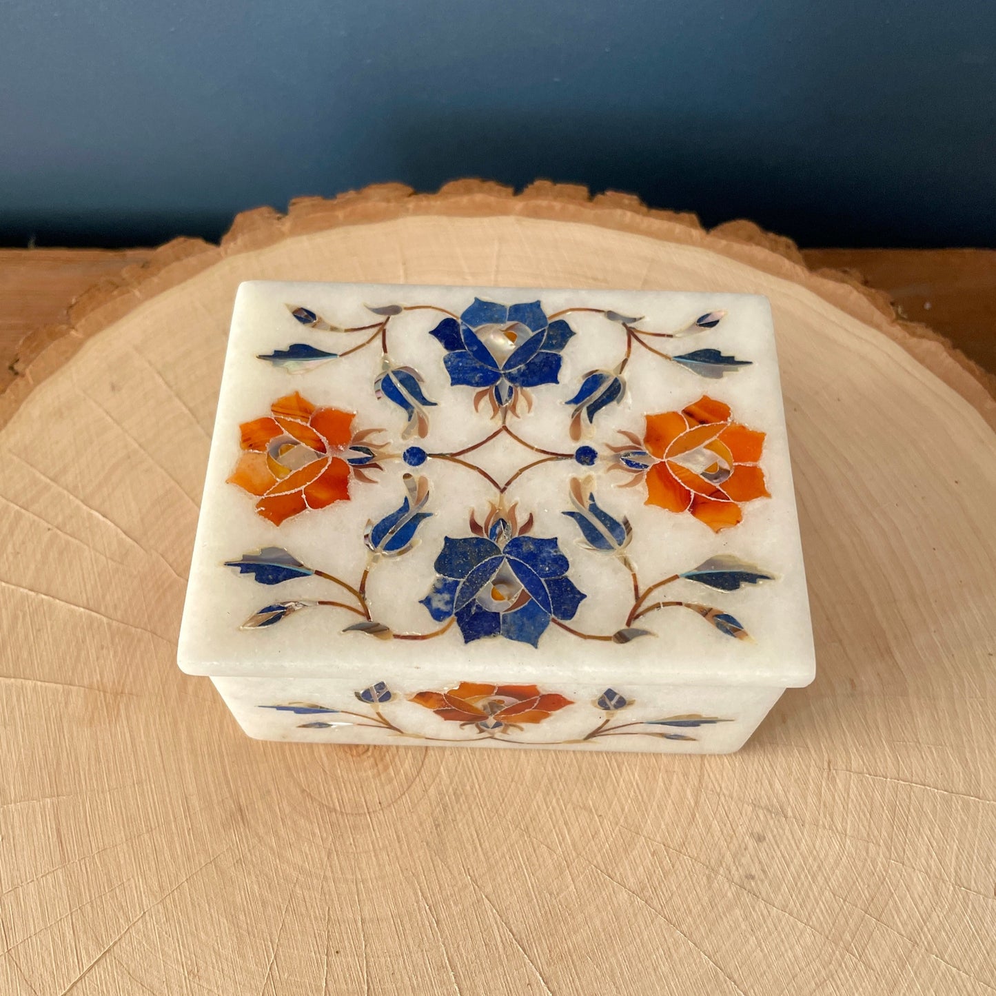 Vintage Marble Floral Inlay Jewelry Trinket  Box