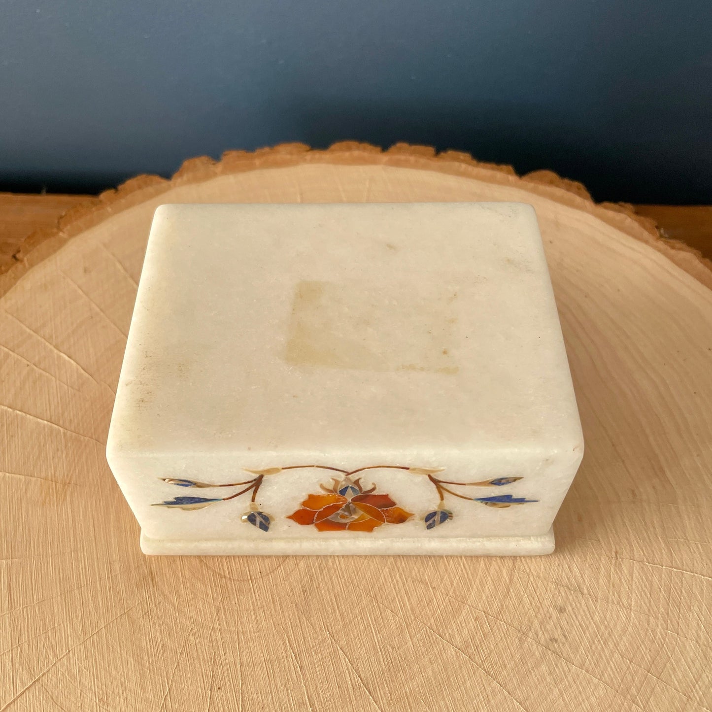 Vintage Marble Floral Inlay Jewelry Trinket  Box